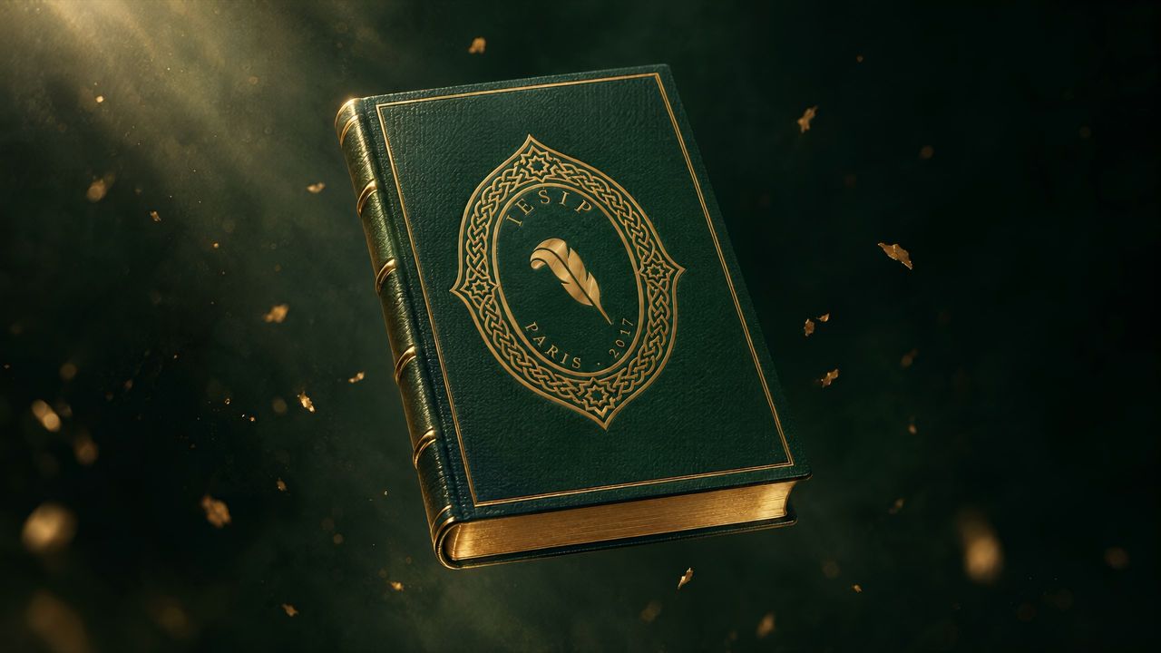 Livre relié de cuir vert frappé du sceau de l'IESIP